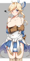 Rule 34 | 1girl, ;(, absurdres, ahoge, aoi renji, bad id, bad pixiv id, bare shoulders, blonde hair, blue eyes, blue skirt, blush, breasts, brown gloves, cleavage, collarbone, covering privates, covering breasts, cowboy shot, cucouroux (granblue fantasy), gloves, granblue fantasy, hair ribbon, highres, large breasts, ribbon, simple background, skirt, solo, torn clothes