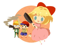 Rule 34 | 1girl, 2boys, baseball bat, baseball cap, black bow, black bowtie, black eyes, black hair, blonde hair, blue eyes, blue pants, blush stickers, bow, bowl cut, bowtie, doseisan, dress, freckles, frying pan, full body, glasses, green jacket, green pants, hair bow, hand on own hip, happy, hat, hitofutarai, holding, holding baseball bat, holding frying pan, holding rocket launcher, holding weapon, jacket, jeff andonuts, looking ahead, mother (game), mother 2, multiple boys, ness (mother 2), nintendo, pants, paula (mother 2), pink dress, pink footwear, red bow, red footwear, red headwear, rocket launcher, shirt, short sleeves, smoke trail, socks, solid oval eyes, striped clothes, striped shirt, weapon, white background, white socks