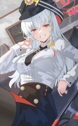 Rule 34 | 1girl, absurdres, black hat, blue archive, haruna (blue archive), hat, highres, long hair, long sleeves, looking at viewer, necktie, red eyes, shirt, sitting, smile, solo, sysen, white hair, white shirt