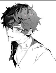 Rule 34 | 1boy, amamiya ren, black hair, glasses, greyscale, jacket, looking at viewer, messy hair, monochrome, open mouth, persona, persona 5, persona 5 the royal, shirt, simple background, smile, solo, upper body, white background, white shirt, xing 20