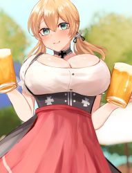 Rule 34 | 1girl, alternate breast size, alternate costume, anchor hair ornament, apron, aqua eyes, beer mug, black choker, black dress, blonde hair, blouse, blurry, blurry background, bodice, breasts, choker, cleavage, closed mouth, commentary request, cup, dirndl, dress, german clothes, hair between eyes, hair ornament, highres, holding, holding cup, huge breasts, kantai collection, long hair, looking at viewer, miyako (rgrayt), mug, pinafore dress, prinz eugen (kancolle), puffy short sleeves, puffy sleeves, red apron, shirt, short sleeves, sleeveless dress, smile, solo, tree, twintails, unfinished, waist apron, white shirt
