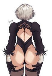 Rule 34 | 1girl, artist name, back cutout, bawdy art, boots, clothing cutout, feather-trimmed sleeves, from behind, grey hair, highres, juliet sleeves, leotard, long sleeves, nier (series), nier:automata, puffy sleeves, short hair, solo, thighhighs, thighhighs under boots, thong leotard, white background, white leotard, 2b (nier:automata)