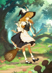 Rule 34 | 1girl, apron, black footwear, black skirt, black vest, blonde hair, bobby socks, bow, braid, broom, buttons, forest, full body, grass, hair bow, hand on own hip, hat, hat bow, hidari (left side), kirisame marisa, long hair, looking at viewer, mary janes, mushroom, nature, puffy short sleeves, puffy sleeves, red bow, shoes, short sleeves, side braid, single braid, skirt, socks, solo, touhou, tree, vest, waist apron, white bow, white socks, witch hat, yellow eyes