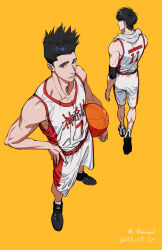 Rule 34 | 2boys, absurdres, armband, back, ball, basketball (object), basketball jersey, basketball uniform, black armband, black eyes, black footwear, black hair, blue eyes, carrying, carrying under arm, from above, full body, hand on own hip, highres, holding, holding ball, looking at viewer, looking back, male focus, multiple boys, niarwol, orange background, perspective, rukawa kaede, sendou akira, shoes, short hair, shorts, simple background, slam dunk (series), smile, sneakers, socks, spiked hair, sportswear, sweat, tank top, toned, toned male, towel, towel around neck, white shorts, white socks, white tank top, white towel