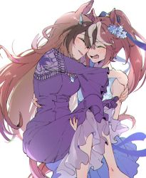Rule 34 | 2girls, animal ears, blue dress, blush, brown hair, carrying, closed eyes, commentary request, dress, female focus, heads together, highres, horse ears, horse girl, horse tail, k11iii, long hair, long sleeves, multicolored hair, multiple girls, open mouth, ponytail, princess carry, purple dress, simple background, sleeveless, sleeveless dress, smile, symboli rudolf (umamusume), tail, teeth, tokai teio (umamusume), umamusume, white background