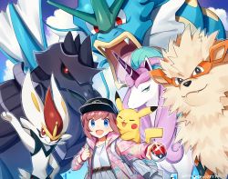 Rule 34 | 1girl, absurdres, alternate costume, alternate eye color, alternate hair color, arcanine, backpack, bag, baseball cap, belt, black headwear, cinderace, commentary request, corviknight, creatures (company), dynamax band, eyelashes, galarian form, galarian rapidash, game freak, gen 1 pokemon, gen 8 pokemon, glint, gloria (pokemon), gyarados, hat, highres, holding, holding poke ball, holding strap, long sleeves, looking at viewer, ninahachi, nintendo, on shoulder, open mouth, outline, outstretched arm, pikachu, poke ball, poke ball (basic), pokemon, pokemon (creature), pokemon on shoulder, pokemon swsh, smile, tongue