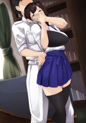Rule 34 | 1boy, 1girl, black thighhighs, blue skirt, breasts, chloroform, covering another&#039;s mouth, dutch angle, gagged, hand gagged, hand over another&#039;s mouth, hand over another's mouth, indoors, kaga (kancolle), kantai collection, large breasts, looking at viewer, pleated skirt, side ponytail, skirt, tadokoro nurikabe, thighhighs