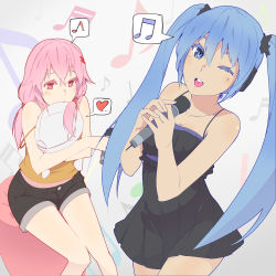 Rule 34 | 10s, 2girls, aqua eyes, aqua hair, bare shoulders, beamed quavers, blush, breasts, cleavage, fyu-neru, guilty crown, hair ornament, hairclip, hatsune miku, headset, heart, highres, long hair, looking at viewer, microphone, multiple girls, musical note, off shoulder, open mouth, pink hair, quaver, red eyes, smile, spoken heart, spoken musical note, super bakemono, twintails, very long hair, vocaloid, yuzuriha inori