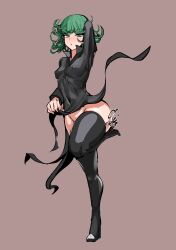 Rule 34 | 1girl, 9is, absurdres, arm up, black dress, blush, boots, breasts, covered navel, curly hair, dress, green eyes, green hair, groin, highres, leg up, long sleeves, looking at viewer, no panties, one-punch man, open mouth, short hair, signature, simple background, small breasts, solo, standing, standing on one leg, tatsumaki, thick thighs, thigh boots, thighs