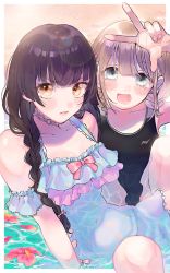 Rule 34 | 2girls, artist request, bad id, bad twitter id, bare shoulders, black hair, blue eyes, blunt bangs, blush, braid, brown eyes, collarbone, commentary, covered navel, earrings, frilled swimsuit, frills, hair ornament, hairclip, highres, idolmaster, idolmaster shiny colors, jewelry, light brown hair, long hair, looking at viewer, low twintails, mayuzumi fuyuko, multiple girls, one-piece swimsuit, open mouth, outdoors, serizawa asahi, short hair, short twintails, swimsuit, twilight, twin braids, twintails, v, water