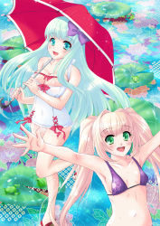 Rule 34 | 2girls, :d, aqua eyes, aqua hair, bikini, blonde hair, breasts, casual one-piece swimsuit, cleavage, frills, frog, green eyes, highres, lily pad, long hair, medium breasts, multiple girls, one-piece swimsuit, open mouth, original, outstretched arm, outstretched hand, poyamu, sandals, small breasts, smile, swimsuit, twintails, umbrella