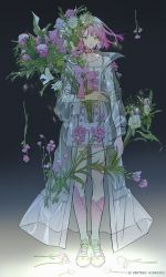 Rule 34 | 1girl, artist name, collar, flat chest, flower, gradient background, green eyes, highres, holding, holding flower, jacket, kneehighs, looking at viewer, original, pink collar, pink hair, purple flower, see-through, see-through jacket, shoes, sneakers, socks, solo, standing, vertigowitch, yellow flower