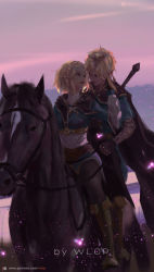 Rule 34 | 1boy, 1girl, artist name, blonde hair, boots, braid, brown footwear, brown gloves, cape, crown braid, fairy, fingerless gloves, gloves, hair ornament, hairclip, highres, hood, hooded cape, horse, light particles, link, looking at another, nintendo, pointy ears, princess zelda, riding, saddle, short hair, sword, the legend of zelda, the legend of zelda: breath of the wild, the legend of zelda: tears of the kingdom, weapon, weapon on back, wlop