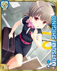 Rule 34 | 1girl, :o, black dress, brown hair, card (medium), day, dress, flight attendant, girlfriend (kari), indoors, looking at viewer, official art, open mouth, pink neckwear, polka dot neckwear, qp:flapper, red eyes, shigino mutsumi, short twintails, silver hair, solo, standing, suitcase, travel attendant, twintails