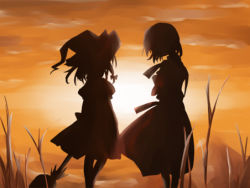 Rule 34 | 2girls, alice margatroid, broom, female focus, hat, height difference, kirisame marisa, lowres, multiple girls, outdoors, silhouette, sunset, touhou, witch hat