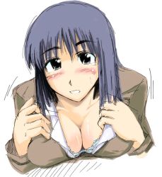 Rule 34 | 00s, 1girl, blue hair, blush, breast press, breasts, cleavage, cosaten, large breasts, school rumble, solo, suou mikoto (school rumble)