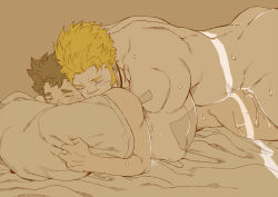 Rule 34 | 2boys, anal, ass, bandaid, bara, bed, blonde hair, blush, brown hair, character request, closed eyes, completely nude, feet out of frame, from side, hinokumo f, jacob (housamo), lying, male focus, male penetrated, multiple boys, muscular, muscular male, nude, on bed, on stomach, pillow, prone bone, protagonist 1 (housamo), scar, scar on face, scar on nose, sex, sex from behind, short hair, size difference, sweat, thick eyebrows, tokyo houkago summoners, yaoi