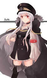 Rule 34 | 1girl, belt, black choker, black footwear, black hat, black jacket, blush, boots, breasts, character name, choker, closed mouth, feet out of frame, fur-trimmed jacket, fur trim, girls&#039; frontline, hat, highres, jacket, jacket on shoulders, kar98k (girls&#039; frontline), lishu jun, long hair, looking at viewer, military, military hat, military uniform, red eyes, silver hair, simple background, solo, standing, thigh boots, thighhighs, uniform