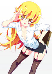 Rule 34 | 1girl, alternate costume, bespectacled, black skirt, blonde hair, blush stickers, brown thighhighs, collarbone, commentary request, flat chest, garter straps, glasses, gradient background, grey background, highres, looking at viewer, miniskirt, monogatari (series), open mouth, oshino shinobu, raglan sleeves, shirt, skirt, solo, standing, tanabe kyou, thighhighs, white background, white shirt, yellow eyes