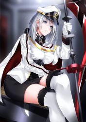 Rule 34 | 1girl, azur lane, blue eyes, breasts, cape, commentary request, crossed legs, fur-trimmed cape, fur collar, fur trim, gloves, hair between eyes, hat, highres, holding, holding weapon, large breasts, long hair, military, military hat, military uniform, parted lips, peaked cap, silver hair, sitting, surota, thighhighs, thighs, tirpitz (azur lane), uniform, weapon, white gloves