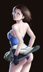 Rule 34 | 1girl, ass, back, bare shoulders, black background, black hair, blue eyes, breasts, capcom, clothes around waist, clothes lift, female focus, fingerless gloves, gloves, highres, impossible clothes, impossible shirt, jill valentine, large breasts, legs, lifted by self, looking back, miniskirt, panties, purple panties, resident evil, resident evil 3, resident evil 3: nemesis, shirt, short hair, simple background, skirt, skirt lift, solo, standing, strapless, sweat, sweater, sweater around waist, thighs, thor (deep rising), underwear