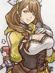 Rule 34 | 1boy, 1girl, alear (fire emblem), alear (male) (fire emblem), arrow (symbol), blue hair, braid, breasts, brown hair, cleavage, commentary request, corset, fire emblem, fire emblem engage, gloves, goldmary (fire emblem), grey background, hair ribbon, hand on own chest, large breasts, long hair, multicolored hair, nintendo, partial commentary, red hair, ribbon, shirt, simple background, single braid, smile, tanabanata, two-tone hair, upper body, white gloves, white ribbon, white shirt, yellow eyes, | |