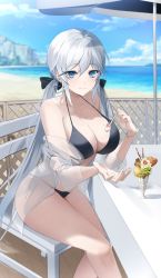 Rule 34 | 1girl, arm support, beach, beach umbrella, bikini, black bikini, black bow, blue eyes, blue sky, blurry, bow, breasts, chair, cleavage, depth of field, dorook, fate (series), feet out of frame, food, fruit, grey hair, hair between eyes, hair ribbon, halterneck, highres, holding, ice cream, large breasts, looking at viewer, mole, mole on breast, mole under eye, morgan le fay (fate), ocean, off shoulder, original, outdoors, outstretched arm, resolution mismatch, revision, ribbon, sand, see-through, see-through shirt, sidelocks, sitting, sky, smile, solo, source larger, spoon, strawberry, string bikini, swimsuit, table, twintails, umbrella