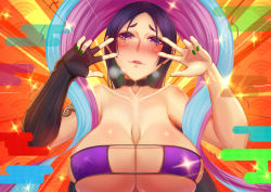Rule 34 | 1girl, absurdres, bikini, blush, collarbone, commentary request, covered erect nipples, elbow gloves, emotional engine - full drive, eyepatch bikini, fate/grand order, fate (series), fingerless gloves, gloves, highres, long hair, looking at viewer, minamoto no raikou (fate), minamoto no raikou (fate/grand order), minamoto no raikou (swimsuit lancer) (fate), minamoto no raikou (swimsuit lancer) (third ascension) (fate), nail polish, oldlim, purple bikini, purple hair, single glove, skindentation, solo, swimsuit, upper body