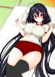 Rule 34 | 1girl, ahoge, azur lane, black hair, black thighhighs, blush, breasts, buruma, cameltoe, commentary request, covered erect nipples, crossed bangs, futon, hair between eyes, hands up, head tilt, large breasts, long hair, looking at viewer, lying, ohto geri, on back, parted lips, pillow, red buruma, red eyes, shirt, short sleeves, solo, sportswear, taihou (azur lane), tatami, thighhighs, very long hair, white shirt