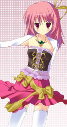 Rule 34 | 1girl, bridal garter, collarbone, corset, cowboy shot, frills, jewelry, long sleeves, looking at viewer, necklace, original, outstretched arm, pendant, pink hair, red eyes, short hair, solo, split mouth, thighhighs, white thighhighs, zettai ryouiki