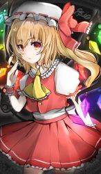Rule 34 | 1girl, 9610 (kuroto), blonde hair, contrapposto, cowboy shot, crystal, flandre scarlet, glint, glowing, hand up, hat, highres, laevatein (touhou), looking at viewer, mob cap, one side up, red eyes, simple background, solo, touhou, white hat, wings, wrist cuffs