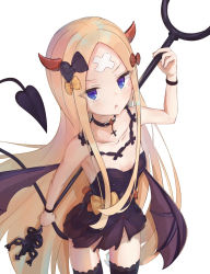 Rule 34 | 1girl, abigail williams (fate), alternate costume, bad id, bad pixiv id, bandaid, bandaid on face, bandaid on forehead, bare shoulders, black bow, black dress, black hair, blonde hair, blue eyes, blush, bow, breasts, choker, collarbone, cross, cross choker, crossed bandaids, demon girl, demon horns, demon tail, demon wings, dress, fate/grand order, fate (series), forehead, hair bow, highres, horns, long hair, looking at viewer, mikami hotaka, multiple hair bows, open mouth, orange bow, parted bangs, simple background, small breasts, solo, staff, tail, thighhighs, thighs, white background, wings, wristband