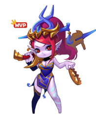 Rule 34 | 1girl, breasts, caitlyn (league of legends), chibi, cleavage, colored skin, crown, detached sleeves, fkey, league of legends, long hair, lunar wraith caitlyn, pointy ears, ponytail, purple skin, red eyes, red hair, single sleeve, single thighhigh, solo, thighhighs, weapon