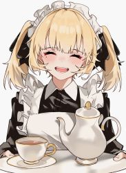 Rule 34 | 1girl, aogisa, apron, bad id, bad pixiv id, black dress, blonde hair, blush, cup, dress, closed eyes, fangs, hair ribbon, highres, holding, holding tray, long sleeves, maid, maid headdress, mole, mole under eye, open mouth, original, ribbon, saucer, solo, tea set, teacup, teapot, tray, upper body, white apron, white background