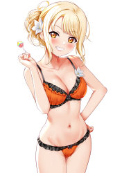 Rule 34 | 1girl, :d, bare arms, bare shoulders, black bow, blonde hair, bow, bow panties, bra, breasts, candy, cleavage, collarbone, cowboy shot, flower, food, frilled bra, frills, grin, hair bun, hair flower, hair ornament, highres, holding, holding food, lollipop, looking at viewer, love live!, love live! nijigasaki high school idol club, love live! school idol festival, medium breasts, miyashita ai, navel, open mouth, orange bra, orange eyes, orange panties, panties, sankuro (agoitei), short hair, simple background, single hair bun, smile, solo, stomach, swept bangs, teeth, underwear, underwear only, white background, white flower
