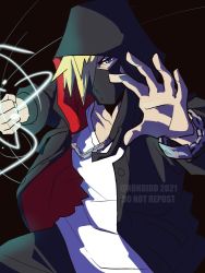 Rule 34 | 1boy, bitou daisukenojou, black hoodie, blonde hair, blue eyes, bracelet, chain, chain necklace, energy, face mask, glowing, glowing hand, hair over one eye, hood, hood up, hoodie, incoming attack, incoming punch, jewelry, male focus, mask, mouth mask, necklace, outstretched hand, punching, shin subarashiki kono sekai, shirt, solo, solo focus, subarashiki kono sekai, upper body, white shirt