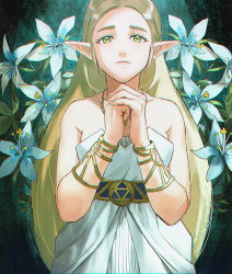 Rule 34 | 1girl, absurdres, bare shoulders, blonde hair, bracer, breasts, dress, gold necklace, green eyes, highres, jewelry, long hair, looking up, medium breasts, necklace, nintendo, own hands clasped, own hands together, parted bangs, princess zelda, sidelocks, silent princess, sleeveless, sleeveless dress, solo, strapless, strapless dress, the legend of zelda, the legend of zelda: breath of the wild, upper body, white dress, yurian (user utch8788)