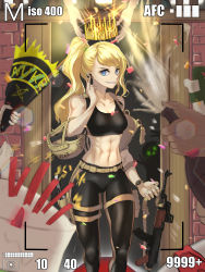 Rule 34 | 1girl, abs, absurdres, ak-74, alcohol, antarctic bear, assault rifle, black pants, blonde hair, blue eyes, breasts, bullet, cake, champagne, collarbone, commentary, confetti, cowboy shot, earpiece, english commentary, food, gun, halo, handgun, unworn headwear, helmet, unworn helmet, highres, holster, kalashnikov rifle, lens flare, long hair, military operator, navel, original, pants, party popper, pistol, ponytail, rifle, sleeveless, small breasts, solo, solo focus, sports bra, swept bangs, thigh holster, tight clothes, tight pants, toned, viewfinder, watch, weapon, weapon request, wristwatch