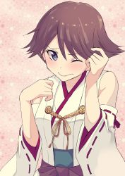 Rule 34 | 10s, 1girl, bare shoulders, blue eyes, blush, brown hair, detached sleeves, hiei (kancolle), highres, japanese clothes, kantai collection, masukuza j, no hairband, no headgear, nontraditional miko, one eye closed, pink background, ribbon-trimmed sleeves, ribbon trim, short hair, solo, wide sleeves