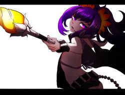 Rule 34 | bare back, baton (weapon), belt, braid, choker, flower hair ornament, hair ornament, looking at viewer, mole, mole under eye, nail polish, pointing weapon, purple eyes, purple hair, red nails, revealing clothes, shigatsu bakaan, sitting, symonne (tales), tales of (series), tales of zestiria, twintails, weapon