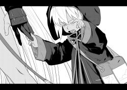 Rule 34 | 2girls, bag, dark-skinned female, dark skin, dutch angle, fate/grand order, fate (series), greyscale, hands up, holding another&#039;s finger, hood, hood up, hooded jacket, jacket, letterboxed, long sleeves, monochrome, multiple girls, noz 2to, okita souji (fate), okita souji alter (fate), open mouth, rengoku (fate), short hair, shoulder bag, simple background, solo focus, upper body, yawning