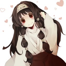 Rule 34 | 1boy, alluka zoldyck, bad id, bad pixiv id, black hair, blush, face, hair ornament, hairband, heart, hunter x hunter, japanese clothes, long hair, male focus, miko, nitani (undeem), red eyes, simple background, skirt, smile, solo, trap, white background