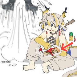 Rule 34 | 1boy, 1girl, arknights, arrow (symbol), artist name, barefoot, blonde hair, blue eyes, blue hair, chili pepper, closed mouth, commentary, dragon girl, dragon horns, dragon tail, earrings, eating, english commentary, food, food on face, fruit, grey hair, hair between eyes, highres, horns, jewelry, knee up, multicolored hair, open mouth, pineapple, pineapple pizza, pizza, plate, pointy ears, rice, shu (arknights), sitting, solo focus, tail, twitter username, variant set, vigil (arknights), yukii