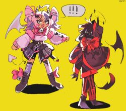 Rule 34 | !, !!, 1boy, 1girl, adapted costume, badboyhalo, bell, black skin, boots, bow, colored skin, commentary, demon boy, demon girl, demon horns, demon tail, demon wings, english commentary, excited, foog (ppppppuri), glasses, halo, highres, horns, ironmouse, ironmouse (1st costume), jingle bell, jirai kei, minecraft youtube, multicolored hair, pink hair, purple hair, quackity smp, skirt, streaked hair, tail, trait connection, virtual youtuber, vshojo, wings, yellow background