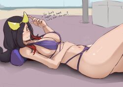 Rule 34 | 1girl, beach, bikini, black hair, breasts, cleavage, commentary, creatures (company), english commentary, english text, eyewear on head, game freak, hair over one eye, highres, large breasts, long hair, lucy (pokemon), multicolored hair, nintendo, pokemon, pokemon emerald, pokemon rse, purple bikini, red eyes, red hair, smile, solo, sunglasses, swimsuit, twitter username, two-tone hair, vialnite