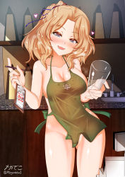 Rule 34 | 1girl, apron, blonde hair, blue eyes, blush, breasts, cleavage, collarbone, covered erect nipples, covered navel, cup, female focus, girls und panzer, glass, gluteal fold, groin, heart, highres, holding, holding cup, iced latte with breast milk (meme), indoors, kay (girls und panzer), large breasts, looking at viewer, megadeko, meme, naked apron, no bra, no panties, notepad, open mouth, pencil, sideboob, smile, solo, standing