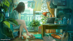Rule 34 | 1girl, absurdres, animal slippers, bag, bare legs, black hair, blurry, bottle, clownfish, computer, couch, cushion, depth of field, desk lamp, feet, fish, guitar, handbag, hayateluc, highres, indoors, instrument, lamp, laptop, leaf, original, plant, potted plant, railing, shirt, sitting, slippers, solo, table, television, tropical fish, twitter username, water bottle, white shirt, window, wooden floor