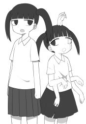 Rule 34 | 2girls, blunt bangs, collared shirt, commentary, cowboy shot, creepy, disabled, empty eyes, extra arms, greyscale, harau, horror (theme), jitome, monochrome, monoko, monster, multiple girls, pleated skirt, shirt, short sleeves, simple background, skirt, standing, tears, twintails, white background, white shirt, wing collar, yume nikki