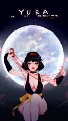 Rule 34 | 1girl, 2021, artist request, ass, black hair, bob cut, breasts, character name, choker, cleavage, comb, dated, dress, eyeshadow, feet, fingerless gloves, gloves, hair tie, highres, inuyasha, large breasts, lipstick, looking at viewer, makeup, night, night sky, pelvic curtain, red eyes, sakasagami no yura, shiny skin, short dress, short hair, sitting, sky, smile, solo, standing, thighs, weapon, wide hips