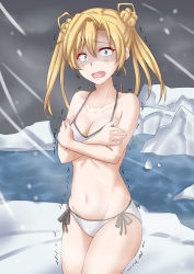 Rule 34 | 1girl, abukuma (kancolle), anti (untea9), bikini, blonde hair, blue eyes, breasts, cleavage, cold, collarbone, commission, cowboy shot, crossed arms, double bun, hair between eyes, hair bun, hair rings, highres, iceberg, kantai collection, long hair, looking at viewer, open mouth, shaded face, side-tie bikini bottom, small breasts, snow, solo, swimsuit, tears, trembling, white bikini